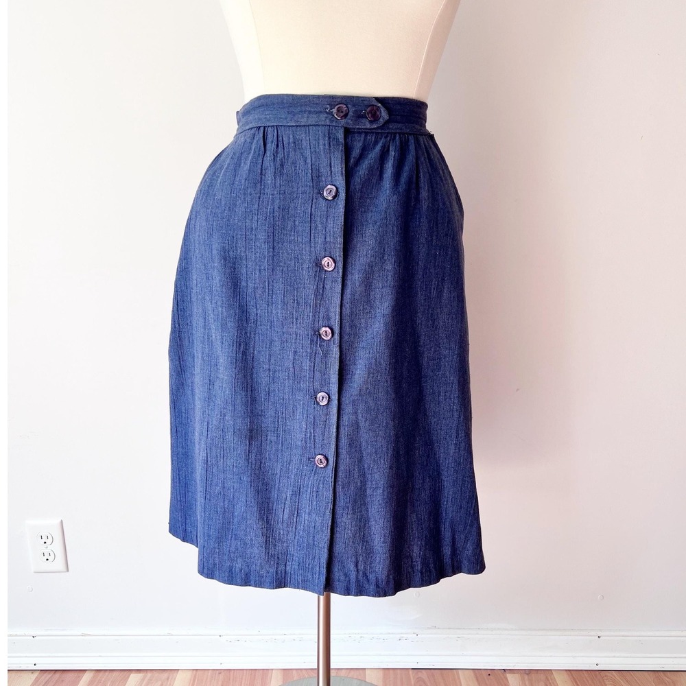 SIZE L/XL Vintage Button Front Skirt Blue Chambray A-Line High Waisted Pockets
